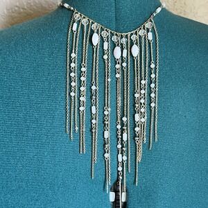 Gold Tone & White Beaded Dangling Chain Fringe‎ Statement Necklace 7" Drop